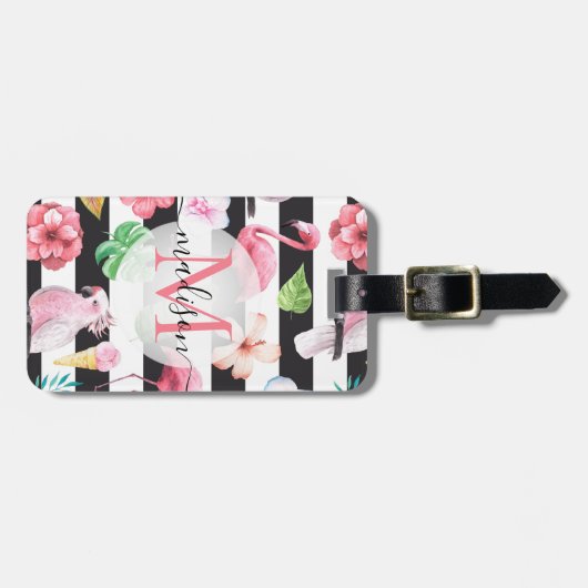 Tropische bloemenflamingo zwarte strepen monogram bagagelabel (Voorkant horizontaal)