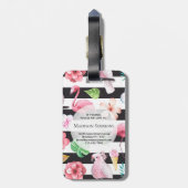 Tropische bloemenflamingo zwarte strepen monogram bagagelabel (Achterkant verticaal)
