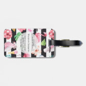 Tropische bloemenflamingo zwarte strepen monogram bagagelabel (Achterkant horizontaal)