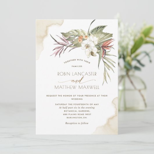 Tropische bloemengedroogde palmbladeren, crèmebrui kaart (Staand voorkant)