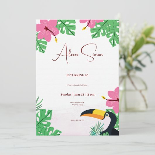 Tropische bloemengroene en roze kids verjaardagsfe kaart (Staand voorkant)