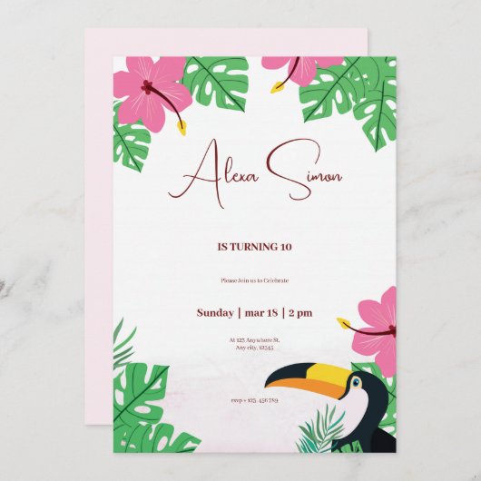 Tropische bloemengroene en roze kids verjaardagsfe kaart (Voorkant / Achterkant)