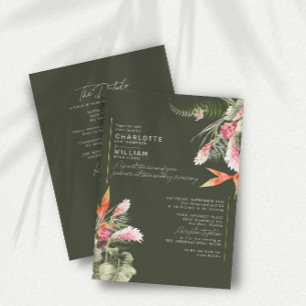 Tropische bloemengroene RSVP QR-code trouwfeest go Folie Uitnodiging