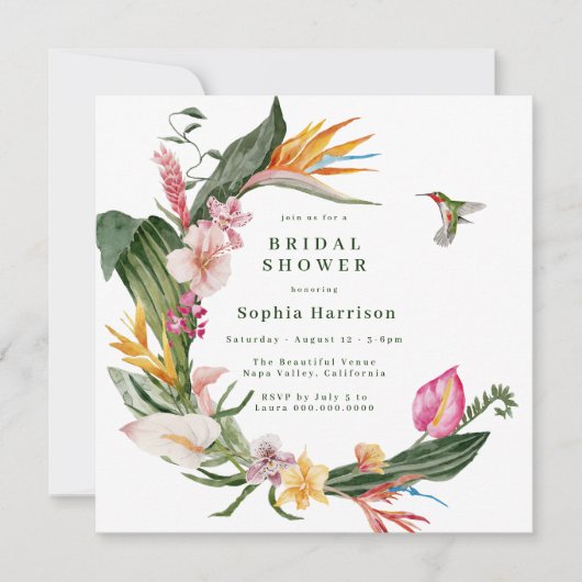 Tropische Bloemenkrans Bruidsdouche uitnodiging (Voorkant)
