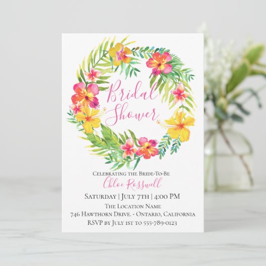 Tropische Bloemenkrans Bruidsdouche uitnodiging (Staand voorkant)