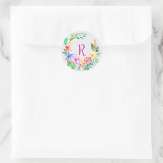 Tropische bloemenkrans monogram ronde sticker (Tas)
