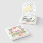 Tropische bloemenkrans & roze flamingo's stenen onderzetter (Zijkant)