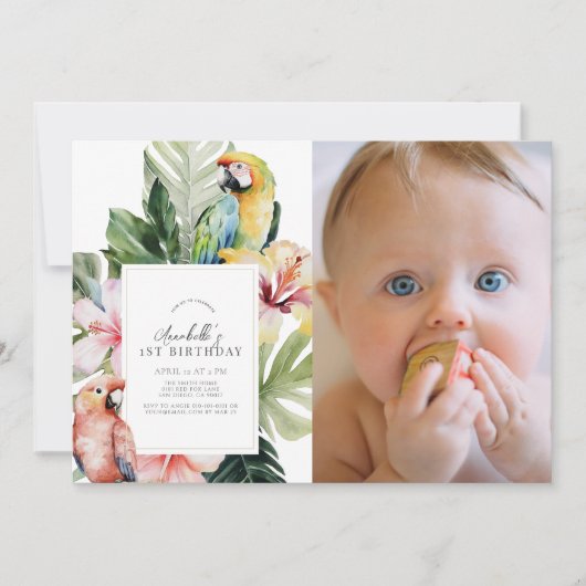 Tropische bloemenpapegaai WHT 1e verjaardag Foto Kaart (Voorkant)