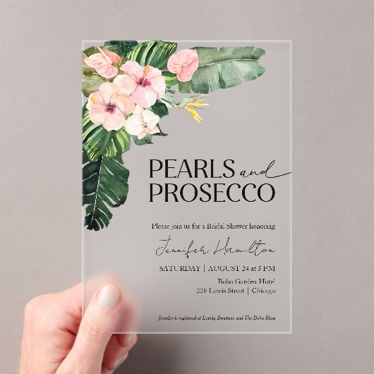 Tropische bloemenparels en Prosecco-Vrijgezellenfe Acryl Uitnodigingen (Insitu (Draagbaar))