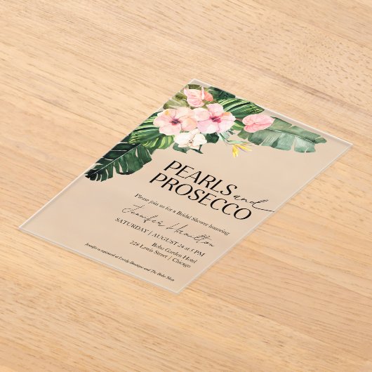 Tropische bloemenparels en Prosecco-Vrijgezellenfe Acryl Uitnodigingen (Laagn)