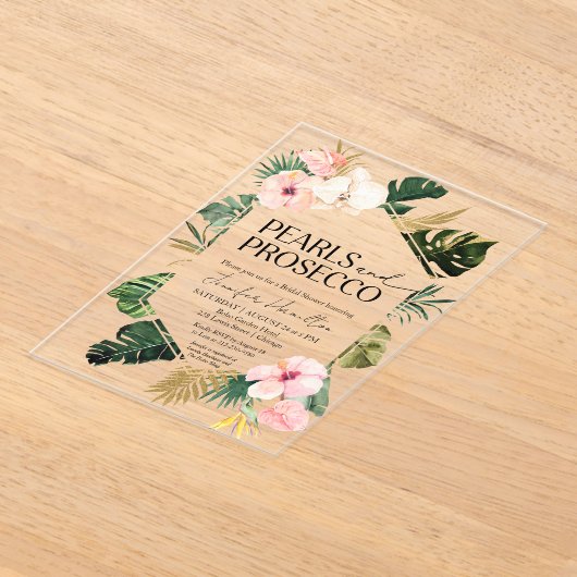 Tropische bloemenparels en Prosecco-Vrijgezellenfe Acryl Uitnodigingen (Laagn)