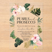 Tropische bloemenparels en Prosecco-Vrijgezellenfe Acryl Uitnodigingen (Voorkant)