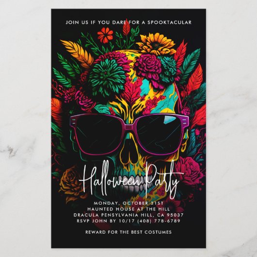 Tropische bloemenschedel Halloween-feest uitnodigi Flyer (Voorkant)