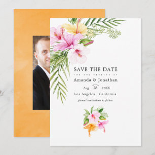 Tropische bloemenstrand bruiloftsfoto save the date