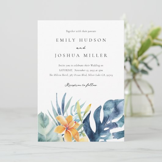 Tropische bloemenzomer Alles in één bruiloft Kaart (Staand voorkant)