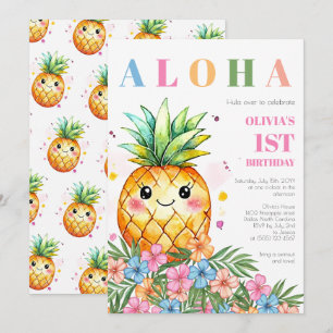 Tropische Bloemige Ananas Aloha 1e Verjaardagsfees Kaart