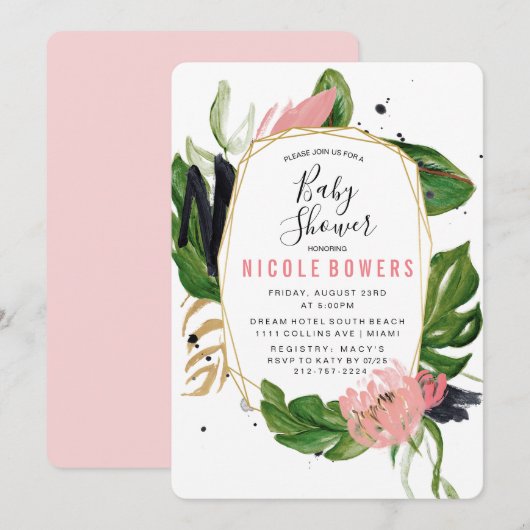 Tropische bloemige babyshower uitnodiging (Voorkant / Achterkant)