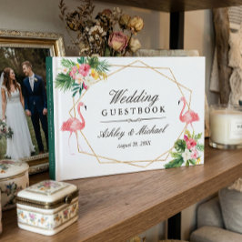 Tropische Bloemige Bladeren Flamingo's Trouwen Gastenboek