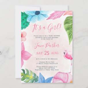 Tropische bloemige flamingo baby shower kaart