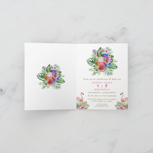 Tropische bloemige flamingo zwembadmeisje verjaard (Binnen)