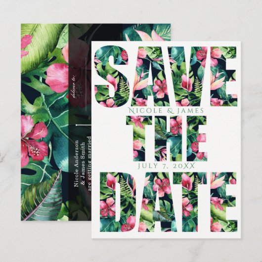 Tropische bloemige Hawaiaanse trouw Save the Date Aankondigingskaart (Voorkant / Achterkant)