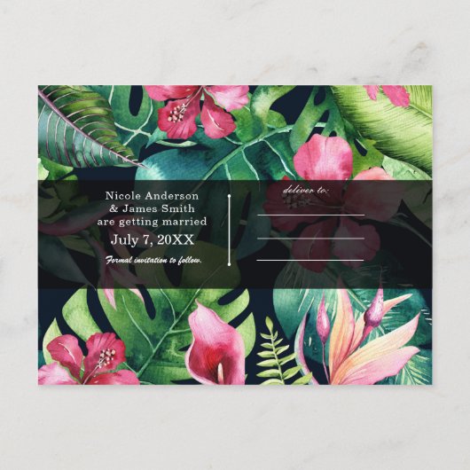 Tropische bloemige Hawaiaanse trouw Save the Date Aankondigingskaart (Achterkant)