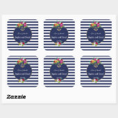 Tropische bloemige Luau Navy Blue Strepen Bruiloft Vierkante Sticker (Vel)