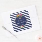 Tropische bloemige Luau Navy Blue Strepen Bruiloft Vierkante Sticker (Envelop)