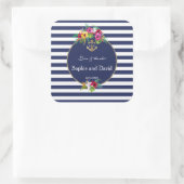 Tropische bloemige Luau Navy Blue Strepen Bruiloft Vierkante Sticker (Tas)