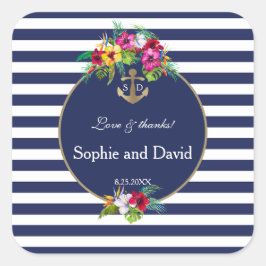 Tropische bloemige Luau Navy Blue Strepen Bruiloft Vierkante Sticker