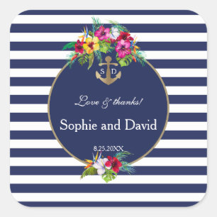 Tropische bloemige Luau Navy Blue Strepen Bruiloft Vierkante Sticker