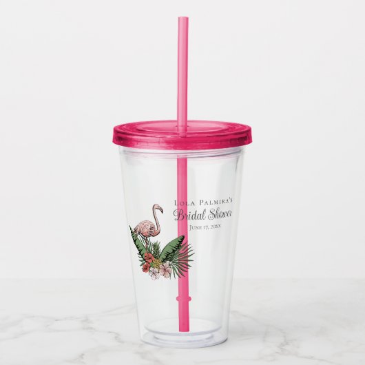 Tropische bloemige roze flamingo bruidsdouche acryl drinkbeker (Voorkant)