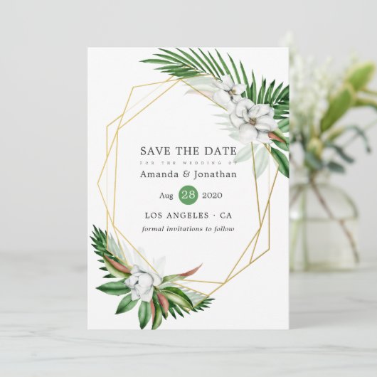 Tropische bloemige strandbruiloft geometrisch save the date (Staand voorkant)