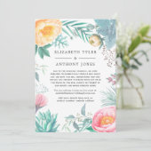 Tropische bloemige verkleinde bruiloftgastenlijst aankondiging (Staand voorkant)