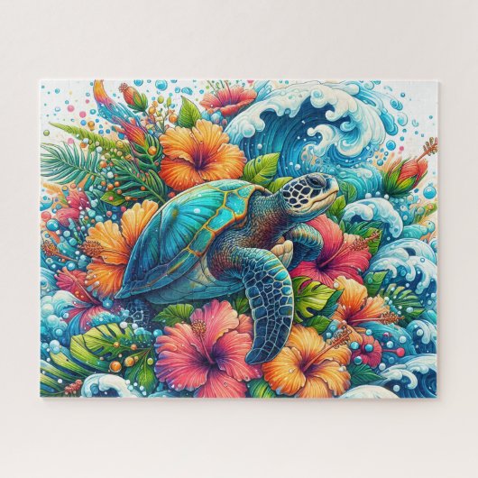 Tropische Bloemige Zeeschildpad Legpuzzel (Horizontaal)
