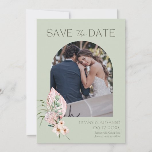 Tropische bloemlaarsfoto-bestemming bruiloft save the date (Voorkant)
