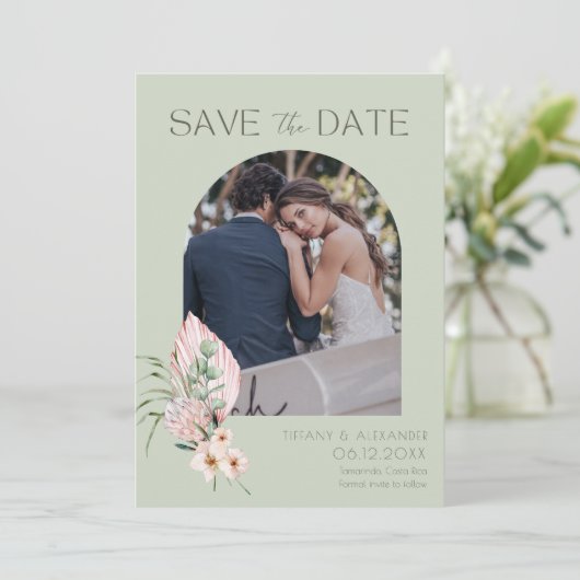 Tropische bloemlaarsfoto-bestemming bruiloft save the date (Staand voorkant)