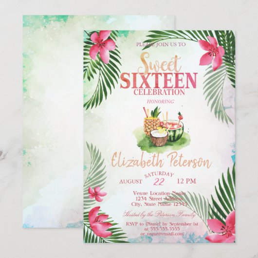 Tropische bloempalm CocktailSummer Sweet 16 Party Kaart (Voorkant / Achterkant)