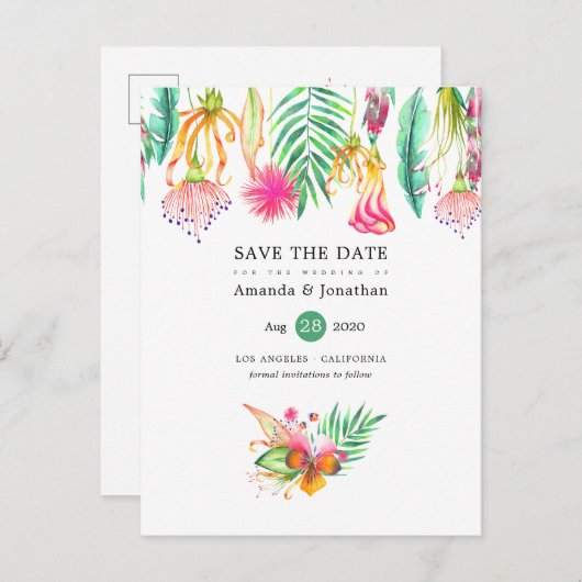 Tropische Bloemrijke Zomer Strand Bruiloft Bewaar  Aankondigingskaart (Voorkant / Achterkant)