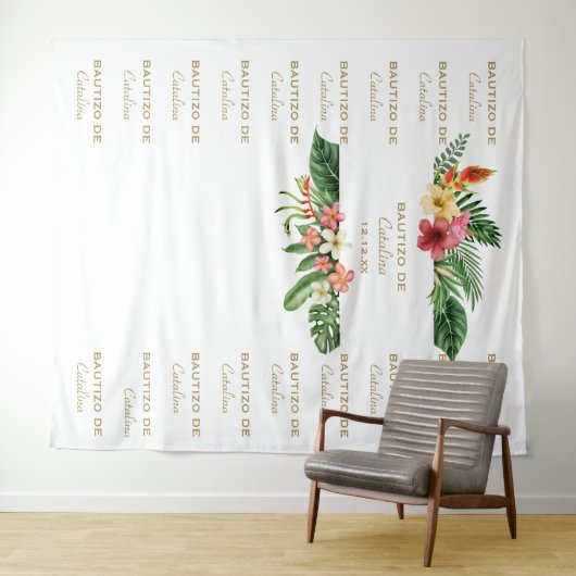 Tropische bloemstap en herhaling Bautizo-achtergro Wandkleed (In Situ (horizontaal))