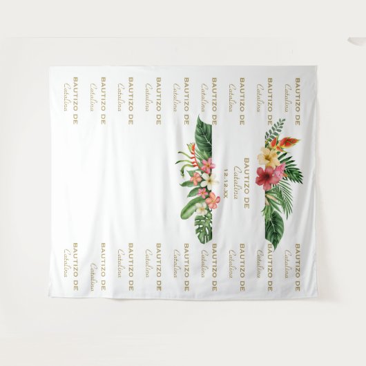 Tropische bloemstap en herhaling Bautizo-achtergro Wandkleed (Voorkant (horizontaal))