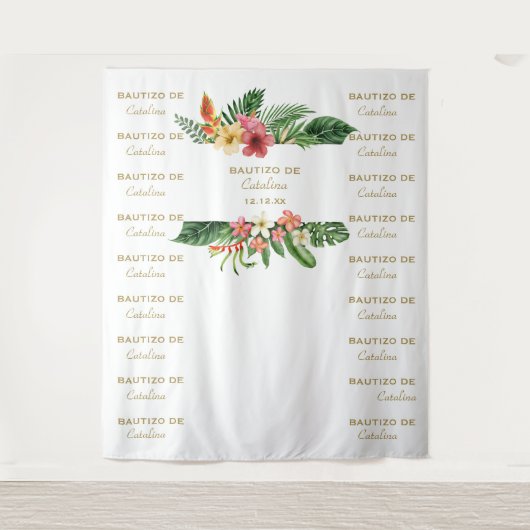 Tropische bloemstap en herhaling Bautizo-achtergro Wandkleed (Voorkant)