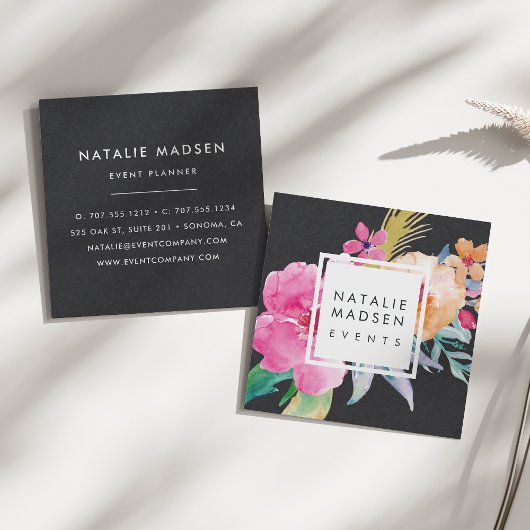 Tropische bloesems | Zwart Vierkante Visitekaartje
