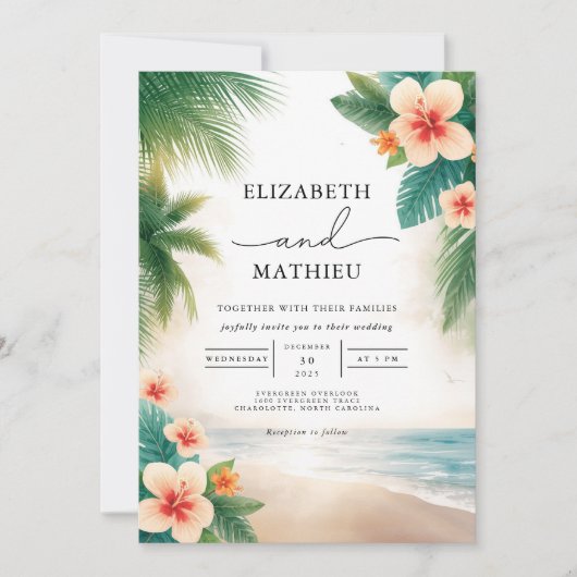 Tropische Bloom Beach Scene Wedding Kaart (Voorkant)