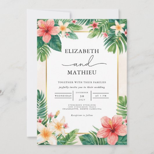 Tropische Bloom Frond Accent Wedding Kaart (Voorkant)