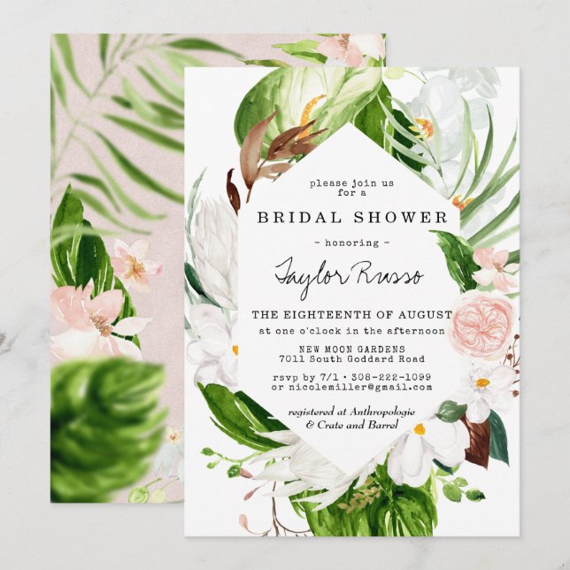 Tropische Blush Bloemen Bruiloftsshower Uitnodigin (Voorkant / Achterkant)