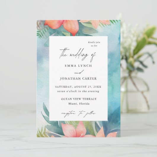 Tropische Blush Bloemen Moderne Huwelijksuitnodigi Kaart (Staand voorkant)