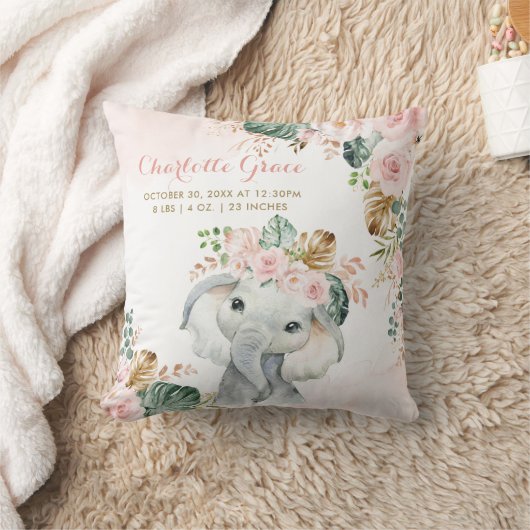 Tropische blush Floral Elephant Baby Birth Stats Kussen (Deken)