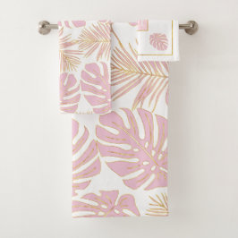 Tropische blush roze, gouden bladeren en monogram bad handdoek