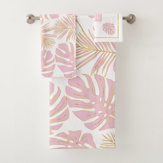 Tropische blush roze, gouden bladeren en monogram bad handdoek (Insitu)